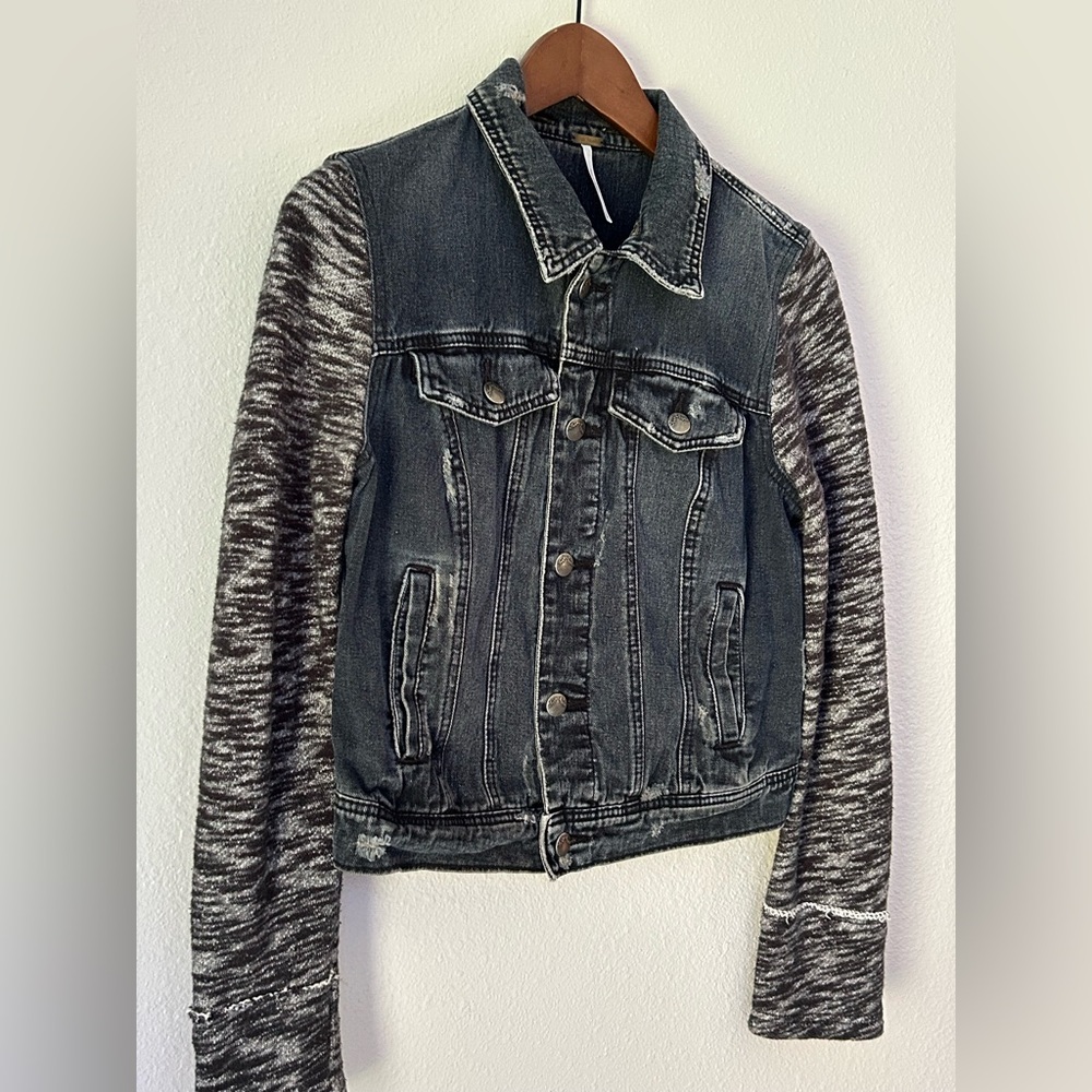 Free People Distressed Cropped Denim Mixed Media Jacket; Knit Sweater Sleeves